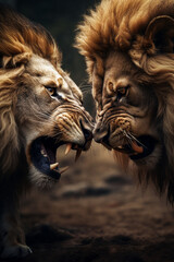 lion's duel, macrography, family, Hyper realistic, detail quality, photography сreated with Generative Ai