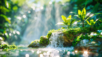 Cascading Waterfall and Lush Greenery in a Tropical Forest, A Serene Nature Escape with Sunlight Peeking Through Foliage