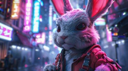Animated rabbit character with futuristic gear in a vibrant neon-lit cityscape. - obrazy, fototapety, plakaty