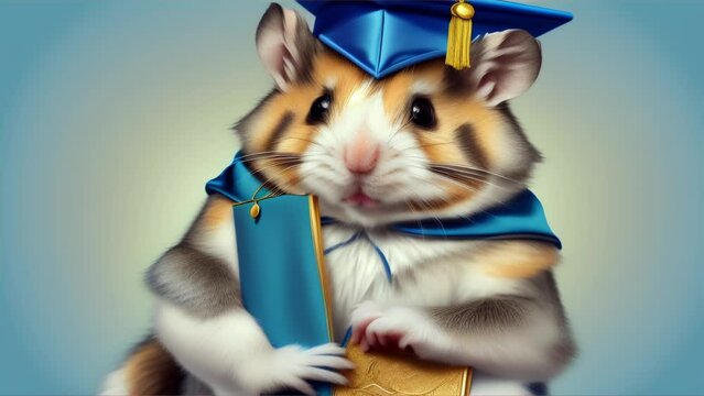 Cute hamster graduate with a book or diploma and graduation hat. High quality footage