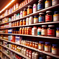 Shelves of medicine, drugs and pills stocked in pharmacy for sale - obrazy, fototapety, plakaty