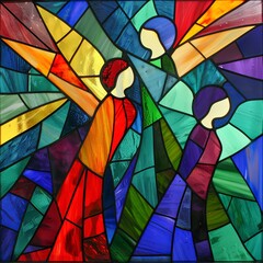 Modern stained glass angels depicted in bold colors and geometric shapes