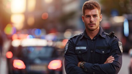 Handsome young policeman controlling traffic, controlling the flow of vehicles with authority and precision