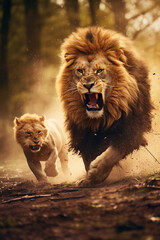 lion's duel, macrography, family, Hyper realistic, detail quality, photography сreated with Generative Ai