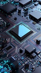 Fototapeta premium Futuristic microchip design on a PCB emphasizing sleek advanced tech aesthetics for an inspiring view