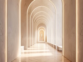 Cathedral aisle lined with minimalist marble arches leading to an altar of light