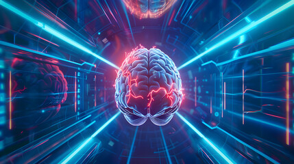 A brain experiencing a Cerebrovascular Accident, set within a holographic display that projects the scan in mid-air. The background is dominated by dynamic, blue neon lines that mimic neural pathway. - obrazy, fototapety, plakaty