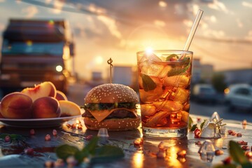 Whiskey Drink and Burger at Sunset - obrazy, fototapety, plakaty