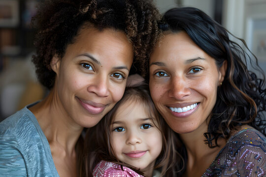 Family of two lesbian mothers with their adopted daughter, middle, frontal image in foreground