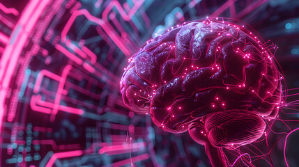 A brain affected by Multiple Sclerosis, highlighting the lesions and demyelination with clarity. The scan is set against a backdrop of futuristic technology, with complex pink neon circuitry patterns. - obrazy, fototapety, plakaty