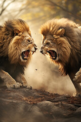 lion's duel, macrography, family, Hyper realistic, detail quality, photography сreated with Generative Ai
