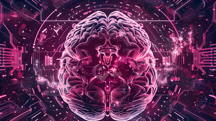 A brain affected by Multiple Sclerosis, highlighting the lesions and demyelination with clarity. The scan is set against a backdrop of futuristic technology, with complex pink neon circuitry patterns.