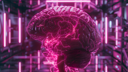 A brain affected by Multiple Sclerosis, highlighting the lesions and demyelination with clarity. The scan is set against a backdrop of futuristic technology, with complex pink neon circuitry patterns.