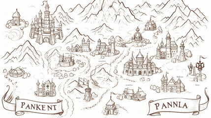 Line art draw simple icon fantasy kingdom map elements