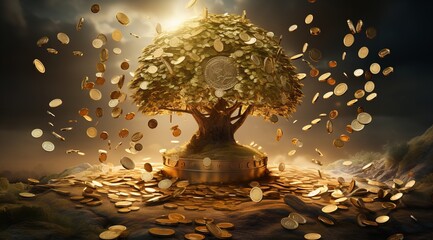 A Large Tree Full of Gold Coins with Golden Light Shining

