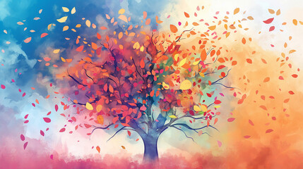 A vibrant, abstract depiction of a tree with leaves in warm autumn colors against a cool-toned backdrop