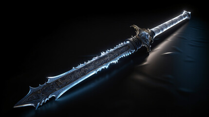 Low key image of silver sword with magical lights