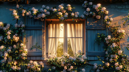 Charming vintage window adorned with blooming flowers, evoking a sense of rustic beauty and timeless elegance
