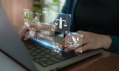 Core values, corporate values concept. Company culture, strategy related to business and customer relationships, growth. Principles guide company's action. Building trust, promoting growth, success.