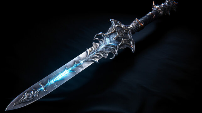 Low key image of silver sword with magical lights