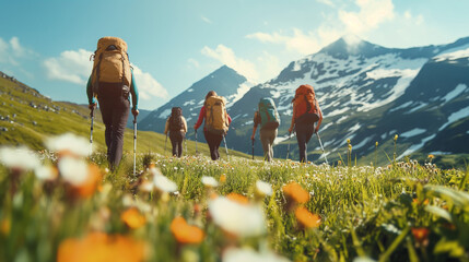A row of hikers carrying backpacks make their way across a mountainous terrain adorned with spring blossoms