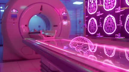 Close-up view of an MRI scan displaying the hallmarks of Multiple Sclerosis, floating above a high-tech, interactive table interface.