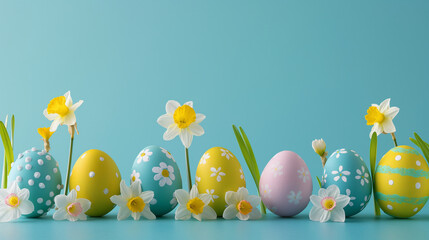 Decorative Easter eggs adorned with patterns and surrounded by fresh daffodils against a vibrant blue background showcase spring festivity