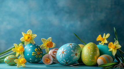 Artfully decorated Easter eggs with painted designs amidst blooming daffodils on a textured blue surface