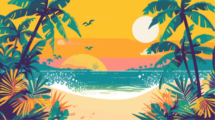 Fototapeta na wymiar Tropical beach with palm trees and sunset, vector illustration.