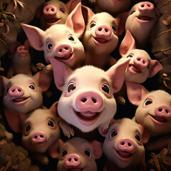 Fototapeta premium cute animated pigs, from above сreated with Generative Ai