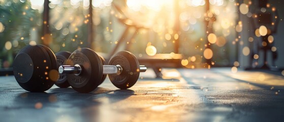 Dumbbells on Gym Floor with Blurry Background