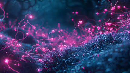 Immersive visualization of MS within the brain, represented as a network of neural pathways disrupted by glowing pink lesions. - obrazy, fototapety, plakaty
