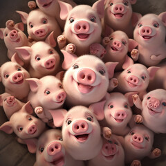 Obraz premium cute animated pigs, from above сreated with Generative Ai