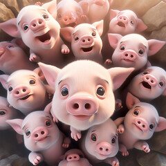 Fototapeta premium cute animated pigs, from above сreated with Generative Ai