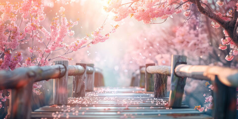 Beautiful pink cherry trees blooming extravagantly at the end of a wooden bridge.