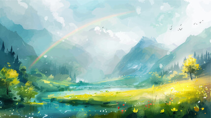 Fototapeta na wymiar Beautiful spring landscape with a rainbow in the forest. Vector illustration.