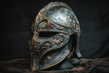 a metal helmet with gold accents - obrazy, fototapety, plakaty