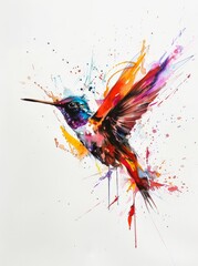 A vibrant painting depicting a hummingbird flying gracefully, showcasing its colorful feathers in motion against a blurred background