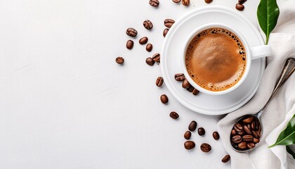 Cup of coffee and coffee beans on a lignt background. 