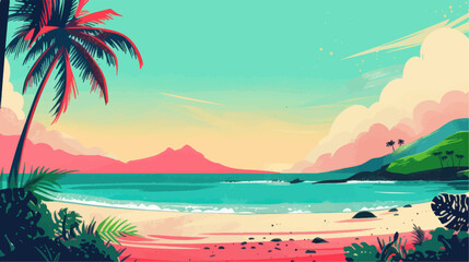 Tropical beach with palm trees and sunset, vector illustration.