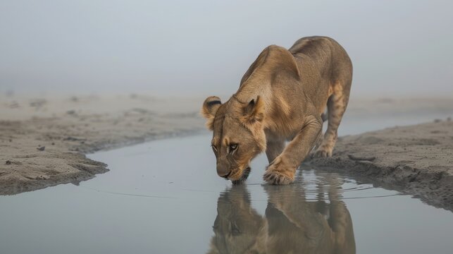 Thoughtful lioness quenching her thirst from a scarce water source, concept of survival and environmental adaptation
