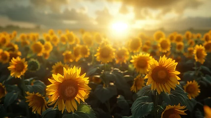 Rolgordijnen A field of blooming sunflowers © Mamital