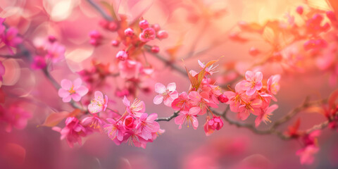 Fototapeta premium Pink cherry blossom flowers bunches in tree branch with blurred background.