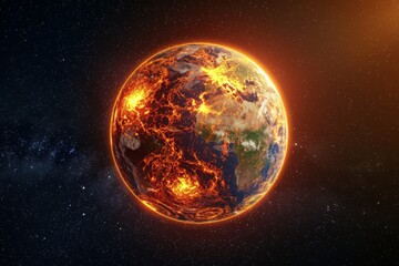 Imaginative depiction of Earth with a fiery glow, symbolizing global warming in a star-filled night sky