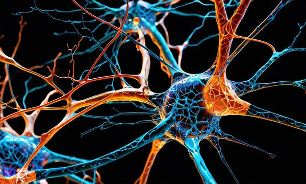 Illustration depicting neurons with dynamic electric blue and orange extensions, symbolizing neural activity. This image portrays the energetic nature of brain cells.