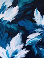 Painting featuring blue and white feathers against a stark black backdrop