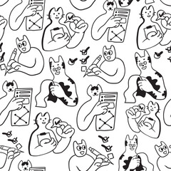 seamless pattern with cat character in vector. on business topic in doodle style. Template for wallpaper background wrapping postcard print