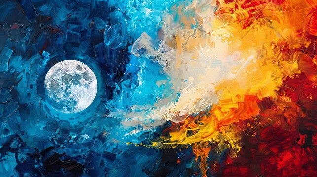 Abstract painting with cool blue and warm red hues depicting Earth's dynamic atmosphere, art concept