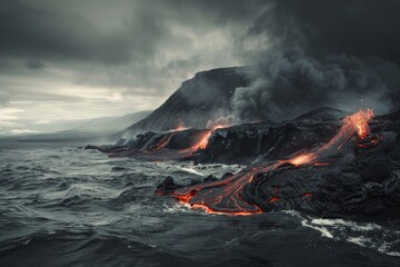 Dramatic volcanic eruption with lava flows into the ocean under stormy skies, concept of natural disasters and earth's power
