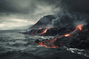 Fotobehang Dramatic volcanic eruption with lava flows into the ocean under stormy skies, concept of natural disasters and earth's power © Picza Booth